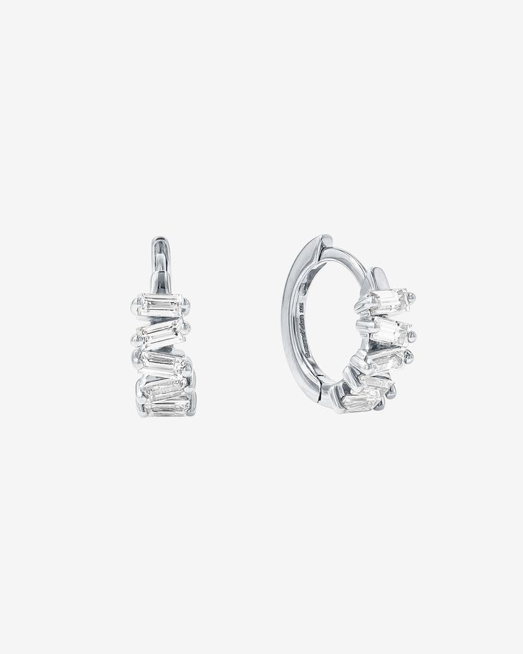 Suzanne Kalan Bold Diamond Huggies in 18k white gold Diamond Huggie Earrings, Diamond Huggies, Baguette Diamonds, Everyday Adventures, Iconic Style, Baguette Diamond, Diamond Design, White Rose Gold, Signature Design