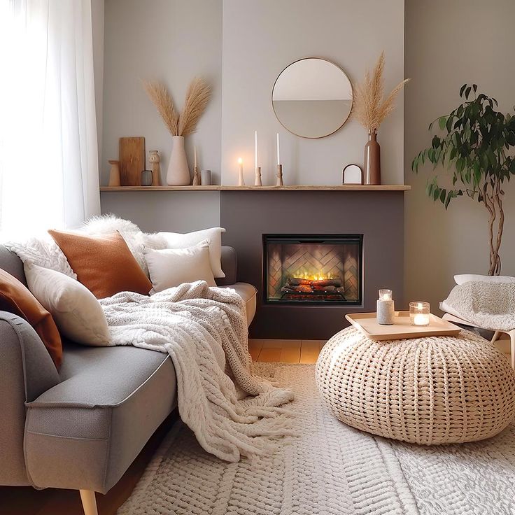 a living room filled with furniture and a fire place