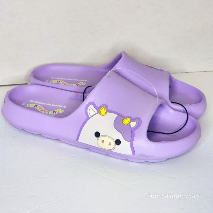 New With Tags Kids Purple Squishmallow Bubba Cow Slides Sandals Big Kids 4-5 Which Can Fit Women’s Size 6-7 Official Squishmallow Jazwares Sandals Cute Non-slip Slides For The Beach, Cute Non-slip Slides For Beach, Playful Non-slip Synthetic Slides, Playful Open Toe Synthetic Slippers, Cute Non-slip Slide Slippers, Cute Purple Sandals For Spring, Playful Synthetic Slides With Round Toe, Cute Purple Open Toe Sandals, Cute Synthetic Flat Slides