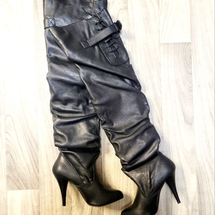 Size: 6.5 Never Worn Black Genuine Leather Rushed Detail Edgy Leather Boots With 4-inch Heel, Faux Leather Heeled Boots With Buckle Closure, Wide Calf Closed Toe Faux Leather Heels, Faux Leather Knee-high Boots With Round Toe For Evening, Edgy Leather High Heel Knee-high Boots, Evening Knee-high Boots With Round Toe In Faux Leather, Synthetic Boots With Buckle Closure And Pointed Toe, Black Faux Leather Knee-high Boots With Almond Toe, Faux Leather Closed Toe Heeled Boots For Night Out