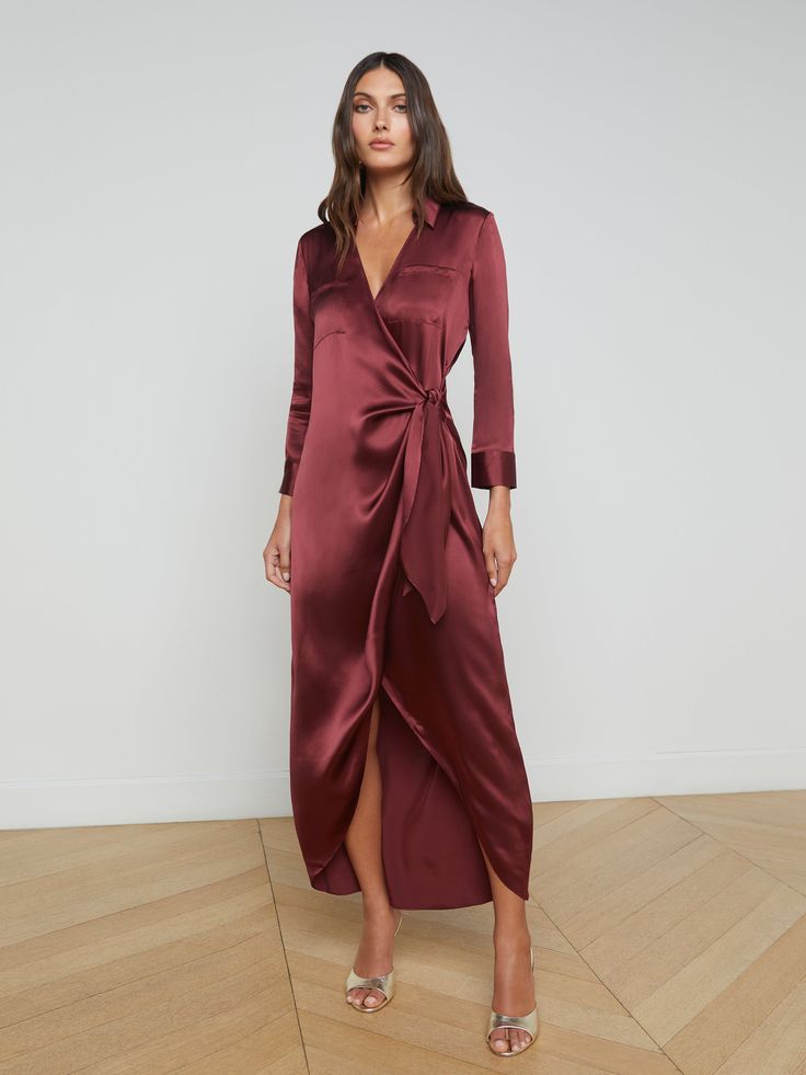 L'AGENCE - Kadi Silk Wrap Dress in Dark Wine Lace Coat, Silk Wrap Dress, Jumpsuit And Blazer, Silk Wrap Dresses, Knit Denim, Swimwear Dress, Velvet Lace, Silk Wrap, Silk Charmeuse