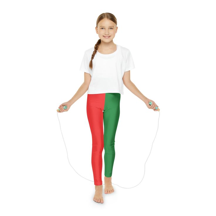 Your child will love these soft, comfortable and stylish split colored leggings.  Made from 82% polyester and 18% spandex, with four way stretch, allowing for easy movement. Care Instructions: ✓ Do not dryclean;  ✓ Iron, steam or dry on low heat or Line dry;  ✓ Do not bleach;  ✓ Machine wash: cold (max 30C or 90F) Stretch Red Color Block Bottoms, Casual Full-length Red Tights, Casual Red Full-length Tights, Colored Leggings, Half Shirts, Green Leggings, Legging Outfits, White Leggings, Leggings Casual