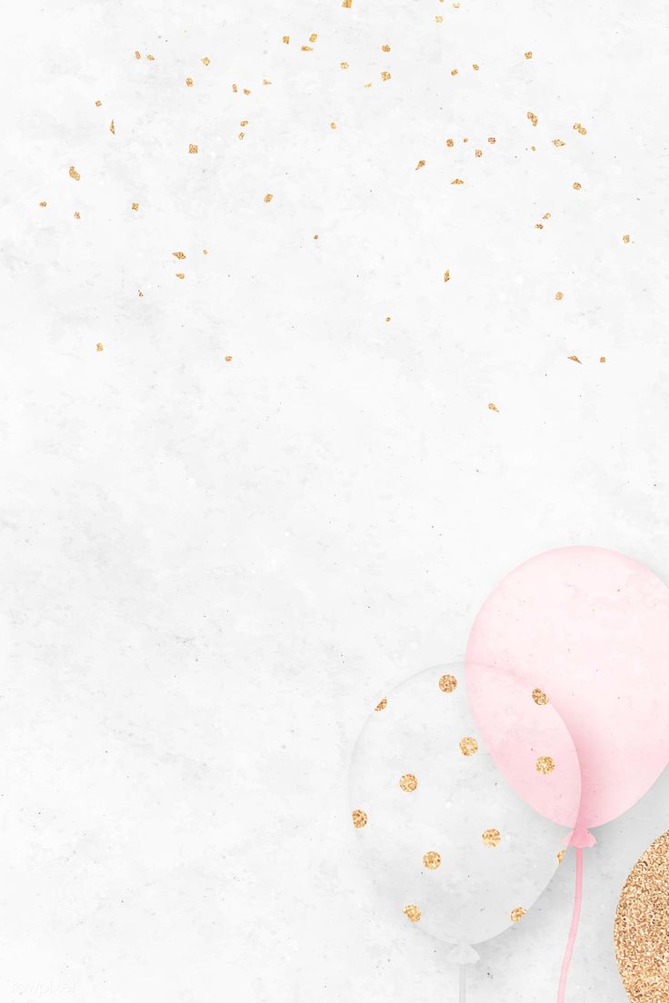 two balloons with pink and gold confetti on white marble background, top view