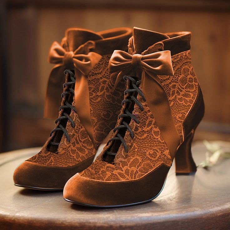 Women's Boots Plus Size Heel Boots Party Outdoor Valentine's Day Booties Ankle Boots Kitten Heel Round Toe Elegant Vintage Fashion Lace Suede Lace-up Black Red Brown 2024 - $42.99 Boots With Ribbon, Fairytale Shoes, Victorian Green, Boots Party, Boots Plus Size, Lace Ankle Boots, Costume Parties, Party Outdoor, Booties Ankle Boots