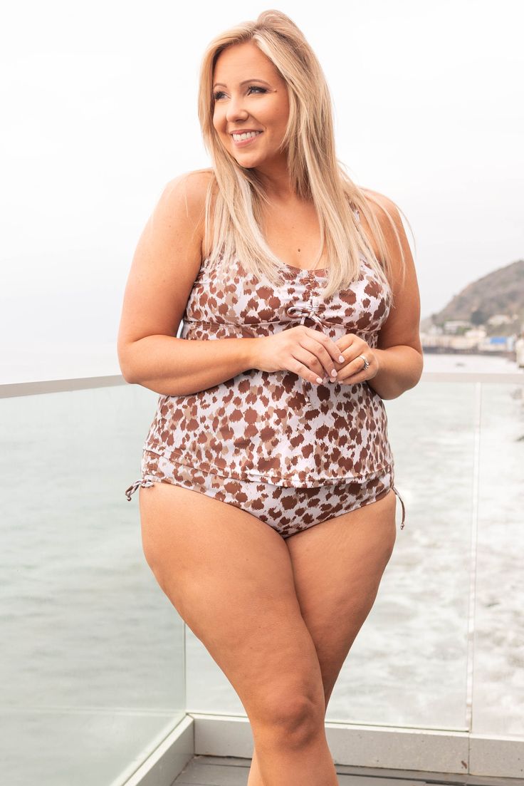 Chic Soul plus size clothing, white brown and beige leopard print tankini swim top Casual Tankini For Beach Party With Tie-side Bottom, Summer Poolside Tankini With Tie-side Bottom, Vacation Tankini For Sunbathing With Tie-side Bottom, Vacation Tankini With Tie-side Bottom For Sunbathing, Summer Tankini With Tie-side Bottom For Vacation, Casual Beach Tankini With Drawstring, Casual Beach Party Tankini With Tie-side Bottom, Beach Season Swimwear With Tie-side Bottom, Beach Season Tie-side Bottom Swimwear For Loungewear