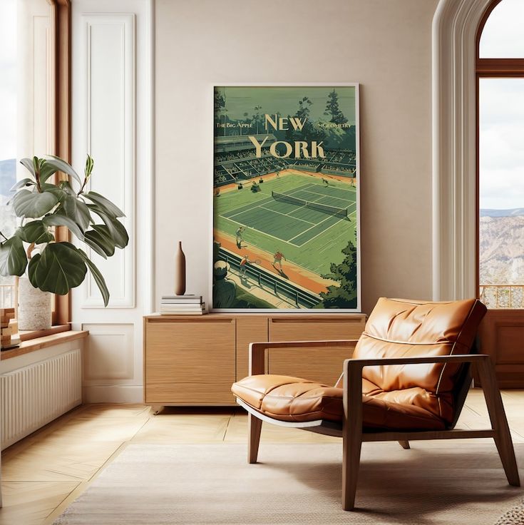 a living room filled with furniture and a large poster on the wall over a window