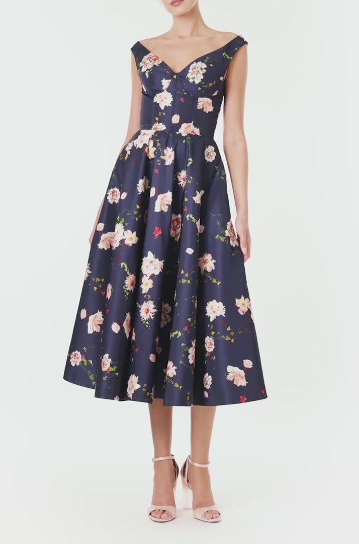 Floral Off the Shoulder Dress – Monique Lhuillier Knee-length Floral Dress For Evening, Floral Print A-line Midi Dress With Fitted Bodice, Floral Print Fitted Bodice A-line Midi Dress, Fitted Bodice A-line Midi Dress With Floral Print, Floral Print Fit And Flare Midi Dress For Cocktail, Spring Midi Dress With Lined Bodice And Full Skirt, Evening Floral Print Fit And Flare Midi Dress, Floral Print Fit And Flare Midi Dress For Evening, A-line Floral Print Cocktail Dresses