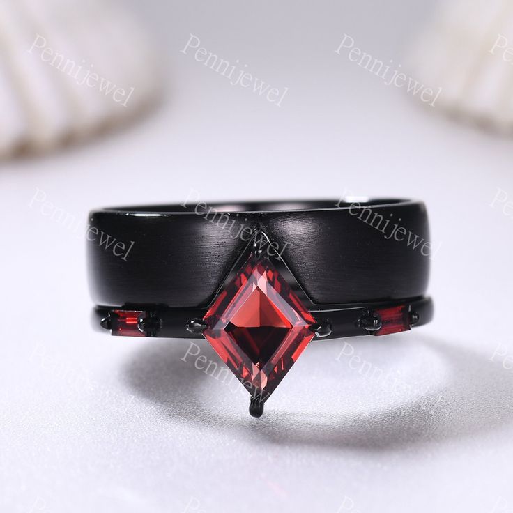 Natural Red Garnet Couple Ring Black Gold Matching Ring Set His and Hers Wedding Band Lozenge Cut Promise Ring For Men For Women Bridal Gift Men's ring: 5mm band width Women's ring: 7x9mm lozenge cut and 3x1.5mm baguette cut natural red garnet 1.2mm band width More style ring you can find in our shop: www.etsy.com/shop/PENNIjewel --------------------------------------- Size: US3-11 (If your ring size is lower than 3 or larger than 11,please contact me firstly. I will custom make this ring size for you.) ---------------------------------------------- Craft Period: All our items are handmade, pls allow me 2-3weeks to finish. Rush finish and rush delivery service are also available if you pay extra fee. When you need it, pls email me directly. Rush finishing listing:  www.etsy.com/listing/465 Black Ruby Rings For Gifts, Black Ruby Rings For Gift, Black Ruby Rings As Gift, Black Round Ruby Ring, Round Black Ruby Ring, Black Ruby Ring Jewelry, Black Ruby Wedding Jewelry, Black Ring For Valentine's Day Formal Occasion, Black Ruby Jewelry For Wedding