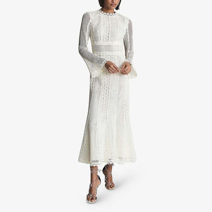 Reiss Aspen Backless Crocheted Midi Dress Crochet Midi Dress, Oxford Street, Boutique Fashion, Lace Midi, Lace Midi Dress, Buy Dress, Be The Best, Fitted Bodice, Flared Sleeves