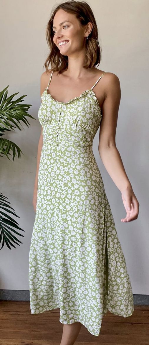 Light Green Fitted Casual Dress, Fitted Light Green Casual Dress, Green Printed Midi Dress For Garden Party, Garden Party Green Printed Midi Dress, Green A-line Midi Dress With Floral Print, Green Printed Midi Sundress, Trendy Green Sundress For Spring, Casual Light Green Mini Dress For Spring, Green Flowy Mini Dress With Square Neck