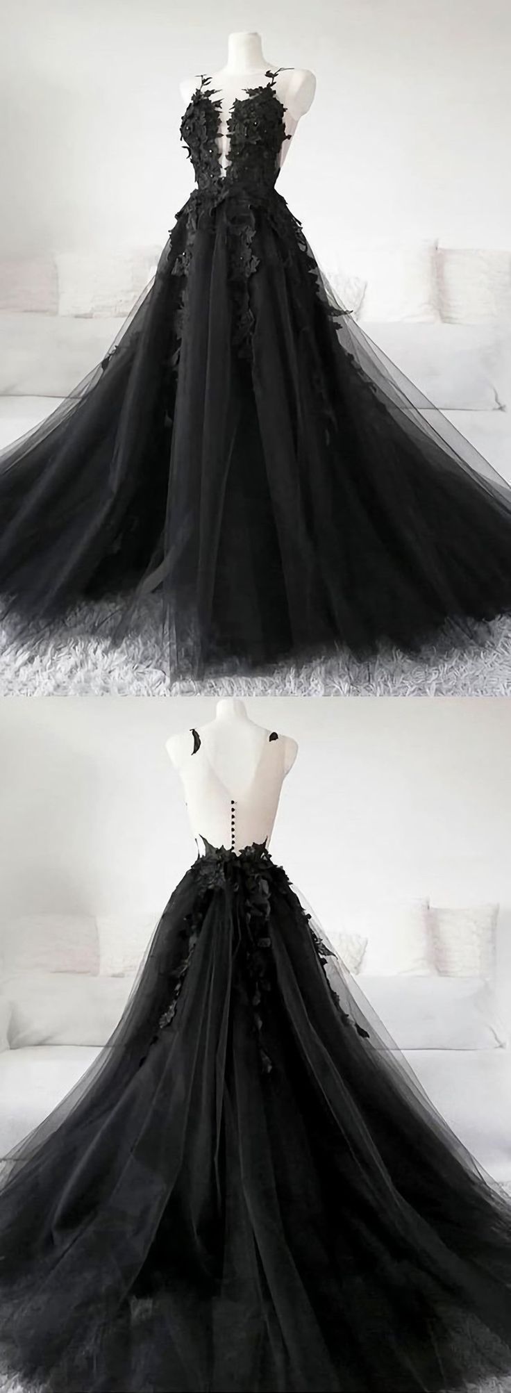 Chic Black Tulle Applique Long Prom Dress Slater Aesthetic, Formal Dress Long, Black Lace Evening Dress, Black Lace Prom Dress, Prom Dress Black, Black Wedding Dress, Black Evening Dress, Black And White Wedding, فستان سهرة