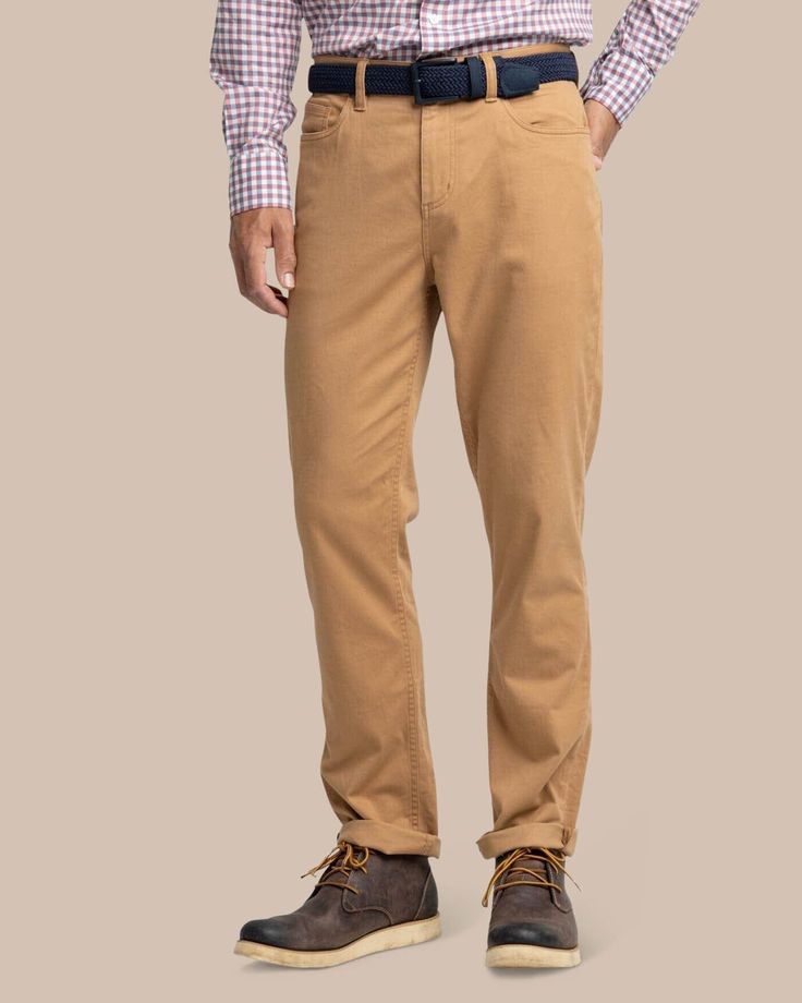 The front view of the Southern Tide Sullivan Five Pocket Pant by Southern Tide - Hazelnut Khaki Southern Tide, Sophisticated Dress, Cute Swimsuits, Comfy Sweaters, Khaki Shorts, Pocket Bag, Quarter Zip Pullover, Pocket Pants, Mens Pants Casual