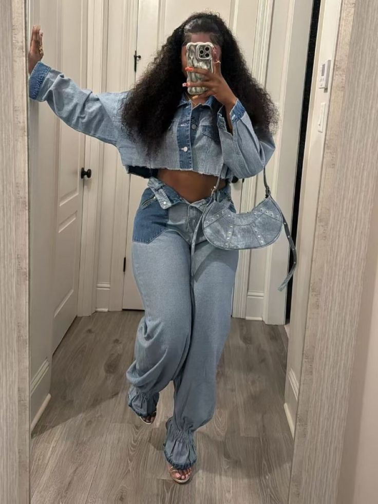 Wholesale Colorblock Denim Cropped Shirt Jeans Sets MTR112320BU | Wholesale7 Cropped Shirt, Trendy Prints, Crop Shirt, Favorite Color, Jean Shirts, Pants Set, Color Blocking, Two Piece, Pants