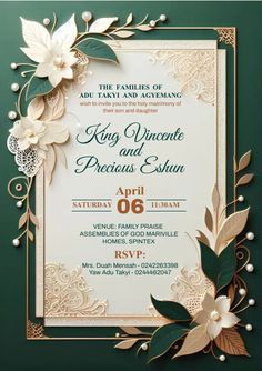 an elegant wedding card with flowers and leaves