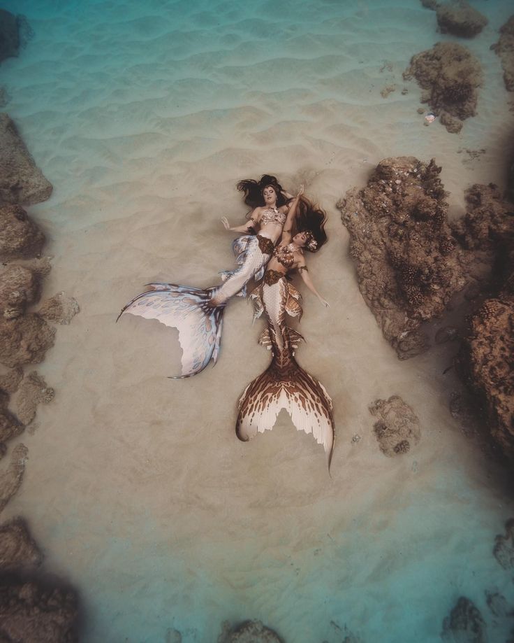 two mermaids are laying on the beach with their tails spread out