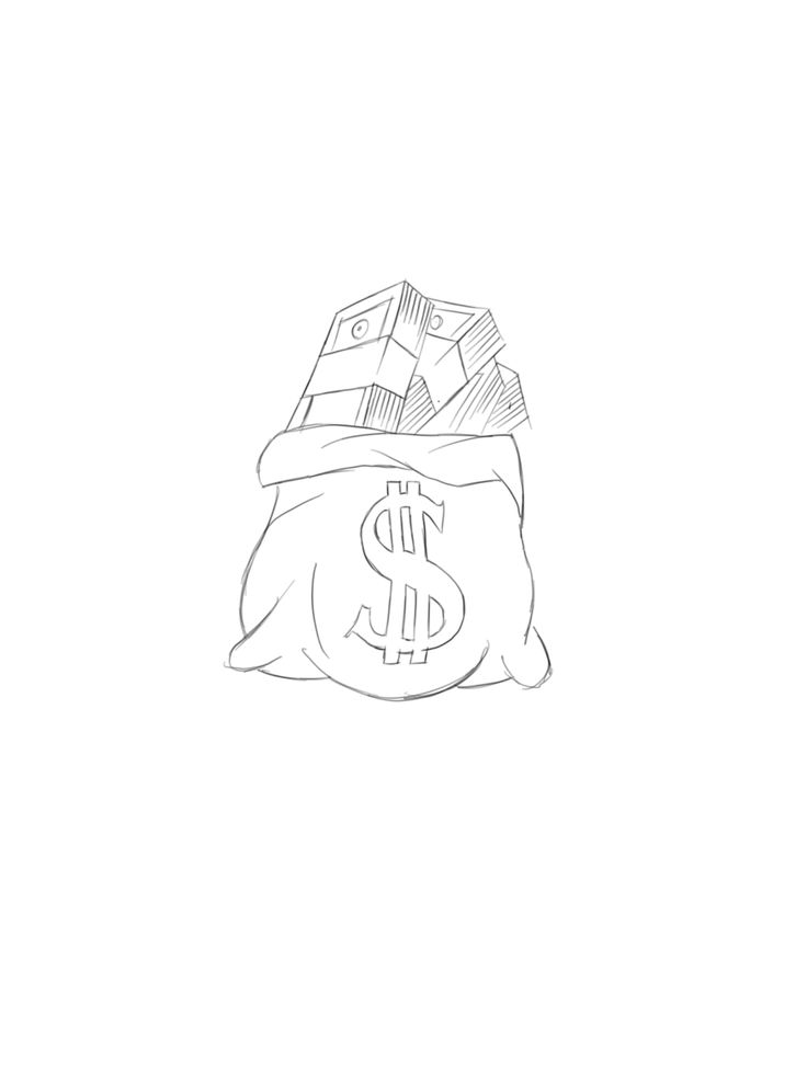 a black and white drawing of a bag full of money