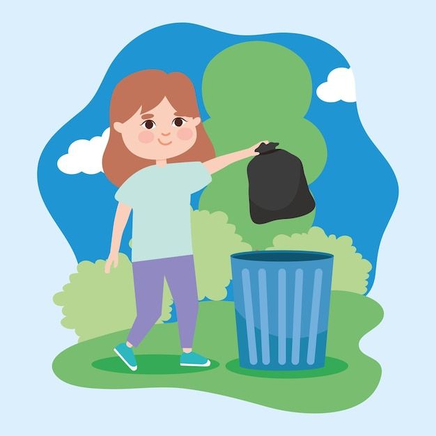 a girl throwing garbage into a trash can