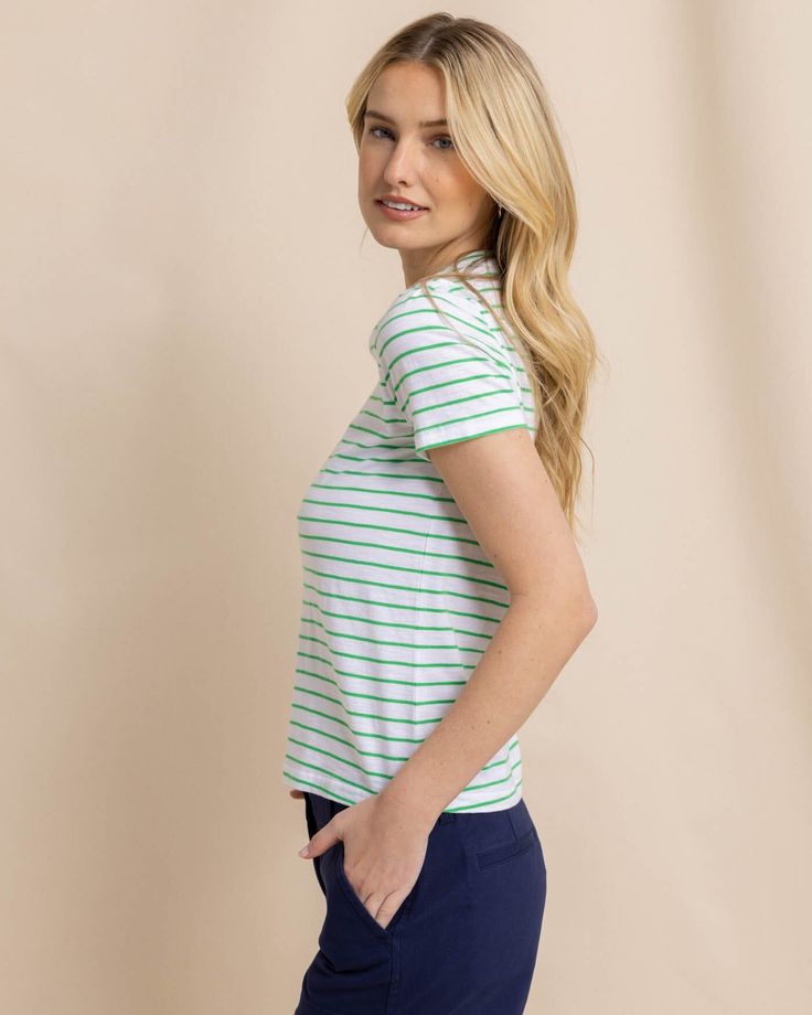 Coastal comfort is easy to achieve in a soft and standard striped tee. This soft cotton crew neck serves as the best base layer for an optimal oceanside outfit. Style: 10819 Basic Striped Short Sleeve Tops, Casual Crew Neck T-shirt With Striped Hem, Casual T-shirt With Striped Hem And Crew Neck, Casual Crew Neck Top With Striped Collar, Casual Blue T-shirt With Striped Collar, Casual Striped Collar Crew Neck Top, Summer Crew Neck T-shirt With Striped Hem, Summer Striped Hem Relaxed Fit T-shirt, Summer Relaxed Fit T-shirt With Striped Hem