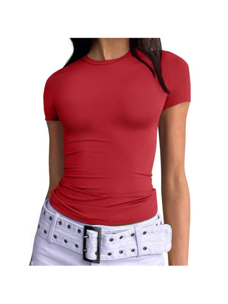 Material: This Y2k tops is made of 88% polyester and 12% nylon.High quality elastic fabric,light weight, super soft and skin-friendly,make you more comfortable to wear.
Design: Cropped and regular style,you can wear it regularly or fold it up like a crop top.cute,slim fitted,casual style,scoop neck,short sleeve.
Occasion: Simple and stylish design,great for going out,wort out,running,gym,yoga,daily wear, streetwear,rave party,club,dating,beach,travel,vacation,shopping,etc. Suitable for all seaso Trendy Fitted Red T-shirt, Fitted Plain T-shirt For Summer, Red Y2k Crew Neck T-shirt, Y2k Stretch Solid Color Tops, Y2k Style Solid Color Stretch Top, Y2k Style Solid Stretch Tops, Summer T-shirt With Scoop Neck In Solid Color, Fitted Summer T-shirt In Solid Color, Y2k Solid Color Tops For Spring