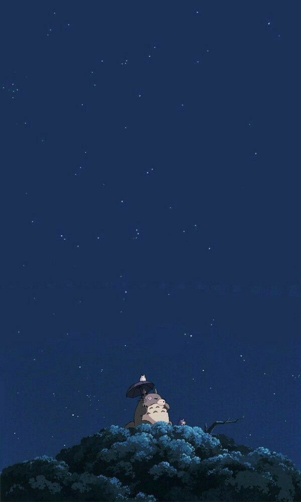 two birds sitting on top of a hill under the night sky with stars above them