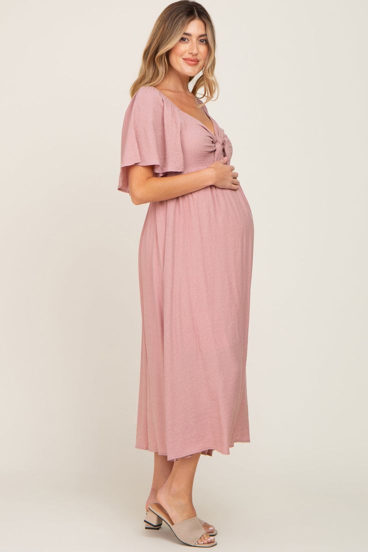 Mauve Front Tie Ruffle Sleeve Maternity Midi Dress – PinkBlush Pink Maternity Dress, Maternity Midi Dress, Pink Blush Maternity, Ruffle Sleeves, Hunter Green, Maternity Dresses, Maternity Clothes, Empire Waist, Blush Pink