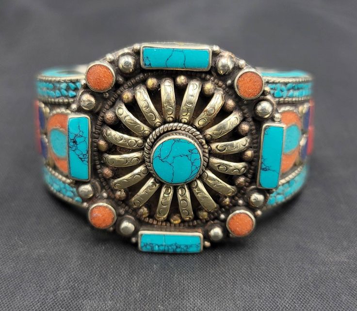 Handmade Beautiful Vintage Silver Bangle Bracelet Cuff With Turquoise Coral Stone It's Beautiful Handmade Tibetan Silver Material Silver Gemstone Turquoise And Coral Size 7Cm Bohemian Multi-stone Cuff Bracelet As Gift, Bohemian Multi-stone Adjustable Bracelets, Bohemian Adjustable Multi-stone Bracelets, Traditional Blue Bracelets With Natural Stones, Bohemian Blue Cuff Bracelet With Natural Stones, Southwestern Adjustable Multi-stone Bracelets, Blue Bohemian Cuff Bracelet With Natural Stones, Traditional Adjustable Cuff Bracelet With Natural Stones, Turquoise Natural Stone Cuff Bangle