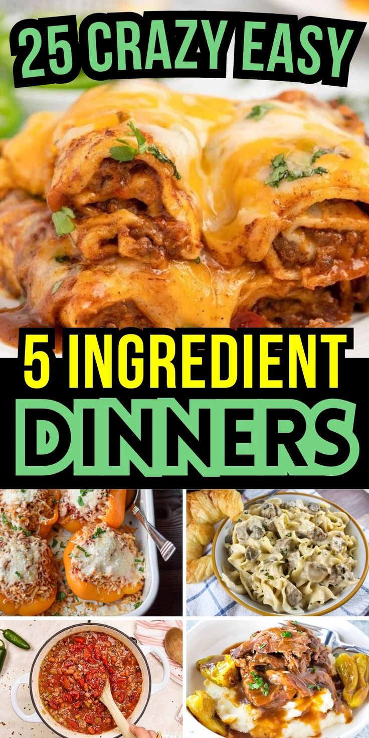 the cover of 25 crazy easy 5 ingredient dinners, with pictures of different dishes