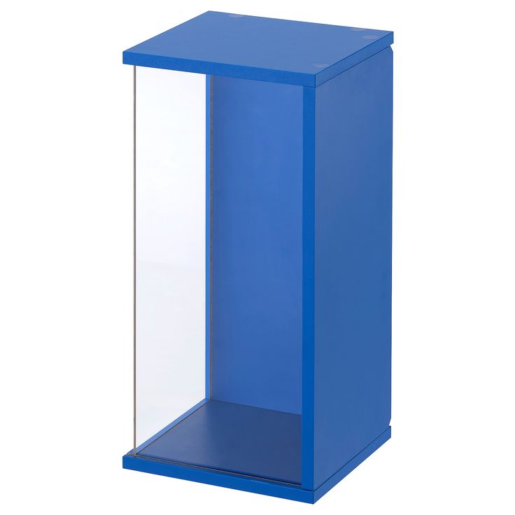 a blue box with a glass door on the top and bottom half is shown in front of a white background