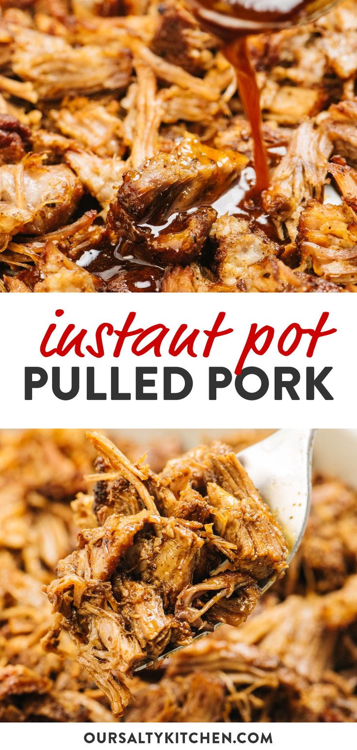 pulled pork is being cooked in the instant pot and then topped with bbq sauce