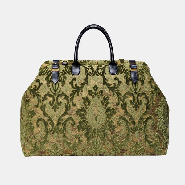 Damask Fern Green Large Carpetbag Overnight Travel Bag, Burnout Velvet, Carpet Bag, Fern Green, Woven Texture, Leather Accents, Mary Poppins, Chenille Fabric, Damask Pattern