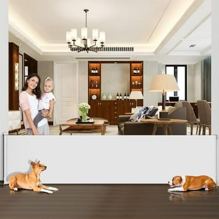 a woman and child standing in front of a living room with a dog laying on the floor