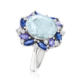 Ross-Simons - 5.80ct t. w. Multi-Gemstone, .24ct t. w. Diamond Ring Oval Cut in 14kt White Gold. Size 6. This astounding ring is brimming with captivating color. On it, a pastel 4.50 carat oval aquamarine centerpiece is encapsulated by a wreath-like halo that fuses saturated .90 ct. t. w. marquise sapphires, vivid .40 ct. t. w. marquise tanzanites and glittery sprinkles of .24 ct. t. w. round brilliant-cut diamonds. Crafted in 14kt white gold. 5/8" wide. Diamond and multi-gemstone ring. Aquamari Exquisite Multi-stone Diamond Gemstones, Fine Jewelry Diamond Cluster Gemstones, Fine Jewelry Platinum Multi-stone Gemstones, Fine Multi-stone Platinum Gemstones, Platinum Multi-stone Sapphire Ring, Platinum Multi-stone Gemstones In Fine Jewelry Style, Elegant Blue Topaz Gemstone With Center Stone, Diamond Solitaire Fine Jewelry, Sapphire Ring With Diamond Gemstone Accents