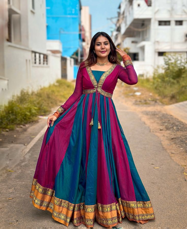 RADHA🌸- DIWALI EDITION LK295 Grab this beautiful Narayanpet gown in vibrant color combination for your upcoming festive season . Long Gown From Saree, Dresses Ideas From Saree, Sarees Dress Design, New Latest Designer Dresses, Latest Designer Dresses Fashion Designers, Long Frock With Saree, Gown From Saree Designs, Dresses From Saree Ideas, Saree Gowns Dresses Indian