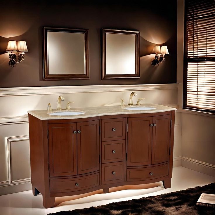 a bathroom with two sinks and mirrors on the wall next to a rug in front of it