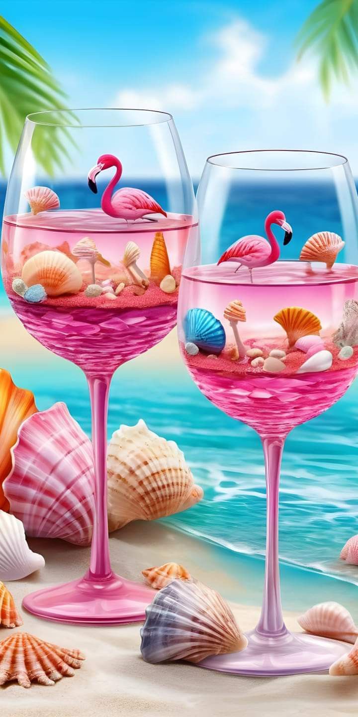 two wine glasses filled with pink liquid and seashells