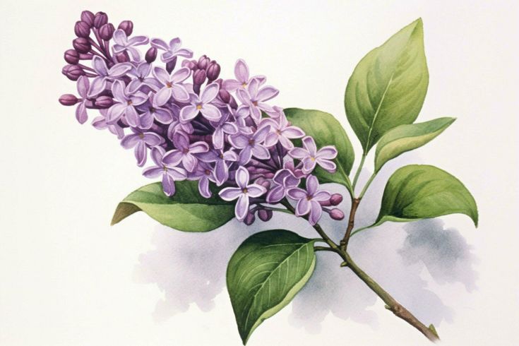 a watercolor painting of lilacs on a branch with leaves in the foreground