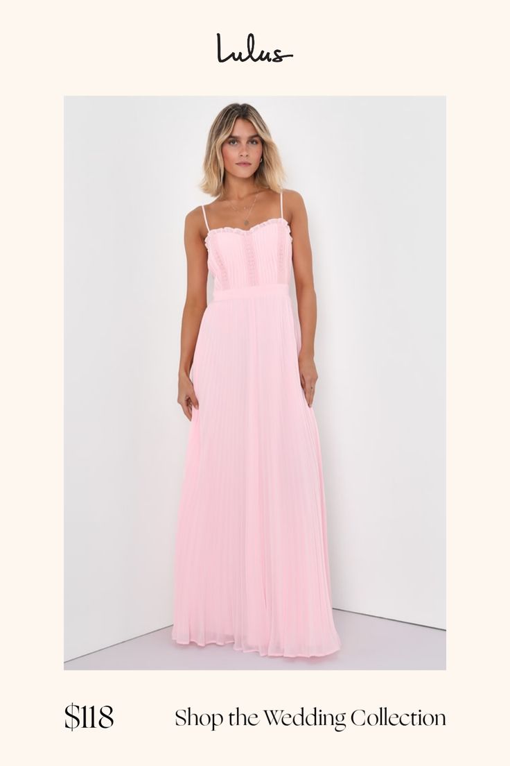 With a season full of romantic gatherings coming up, the Lulus Precious Charm Light Pink Pleated Sleeveless Maxi Dress is truly a must-have for all things wedding-related! Pleated, airy woven chiffon shapes this elegant dress that starts with adjustable spaghetti straps that support a ruffle-trimmed sweetheart neckline and a sleeveless bodice adorned with strips of delicate crochet lace throughout. The fitted, banded waist tops a flowy A-line skirt that cascades down to a sweeping maxi hem. Hidden back zipper/clasp. Fit: This garment fits true to size. Length: Floor length. Size medium measures 54" from top to bottom. Bust: Great for any cup size. Waist: Fitted - very fitted at natural waist. Hip: Not Fitted - fuller skirt allows room for hips. Undergarments: May be worn with a strapless b Light Pink Maxi Dress, Delicate Crochet, Lulu Fashion, Bridal Party Dresses, Pink Maxi, Pleated Maxi Dress, Pleated Maxi, Pink Maxi Dress, Sleeveless Maxi Dress