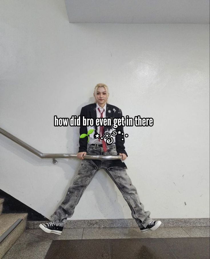 a man sitting on top of an escalator next to a hand rail with the caption how did bro even get that there?