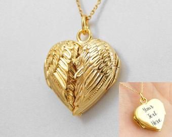 Engraved Angel Wing Heart Locket Necklace 925 Sterling | Etsy Personalized Gold Heart Necklace Keepsake, Personalized Gold Heart Necklace For Keepsake, Personalized Heart Medallion Necklace For Anniversary, Personalized Medallion Heart Necklace For Anniversary, Customizable Heart Pendant Jewelry For Keepsake, Heart Necklace With Engraving Option For Gifts, Customizable Open Heart Jewelry As A Gift, Customizable Open Heart Jewelry Gift, Engraved Medallion Heart Necklace For Valentine's Day