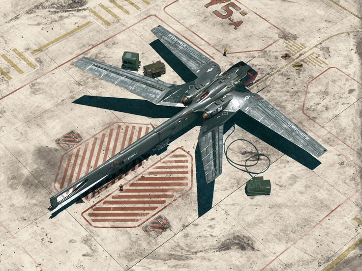 an aerial view of a fighter jet on the ground with other aircraft in the background