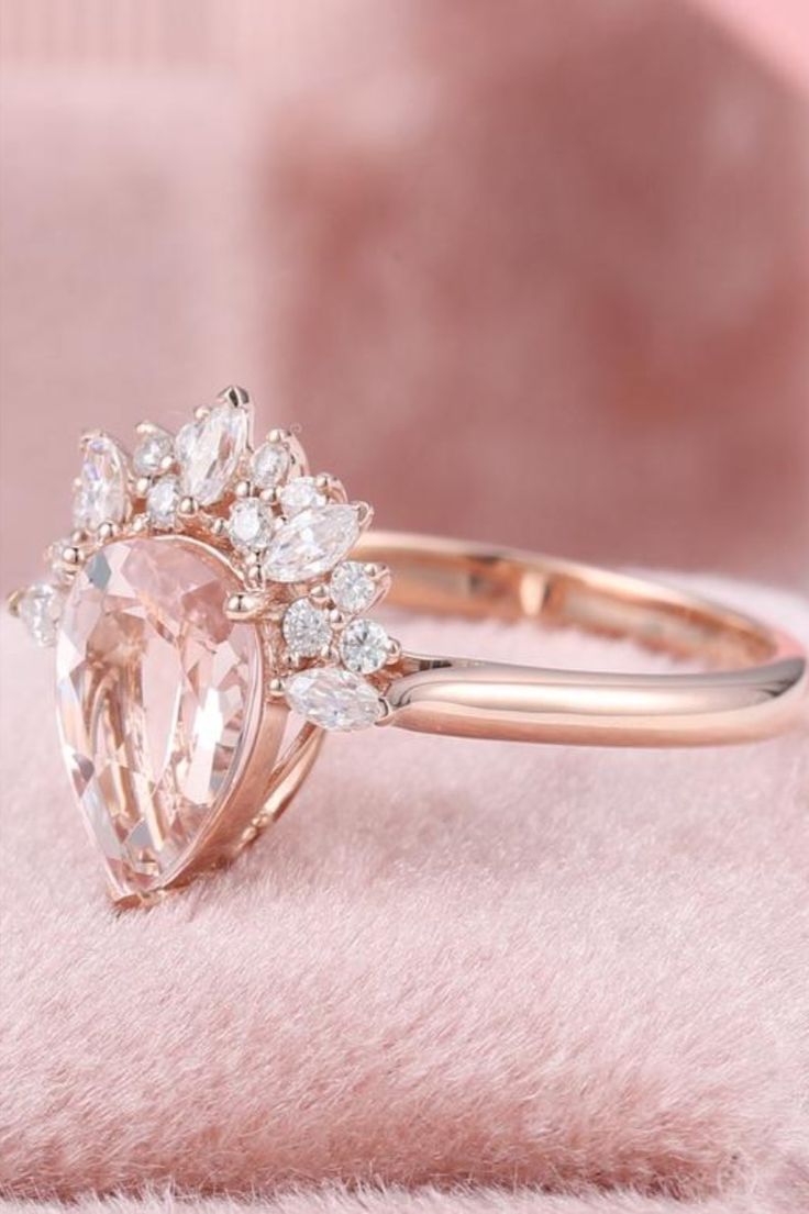 Pear-shaped Morganite Jewelry, Morganite Teardrop Wedding Jewelry, Teardrop Morganite Wedding Jewelry, Morganite Teardrop Jewelry For Wedding, Pink Pear-shaped Gemstone Rings, Rose Gold Pear-shaped Jewelry With Prong Setting, Pear-shaped Morganite Wedding Jewelry, Rose Gold Pear-shaped Rings With Rose Cut Diamonds, Pear Shaped Diamond Ring In Rose Gold