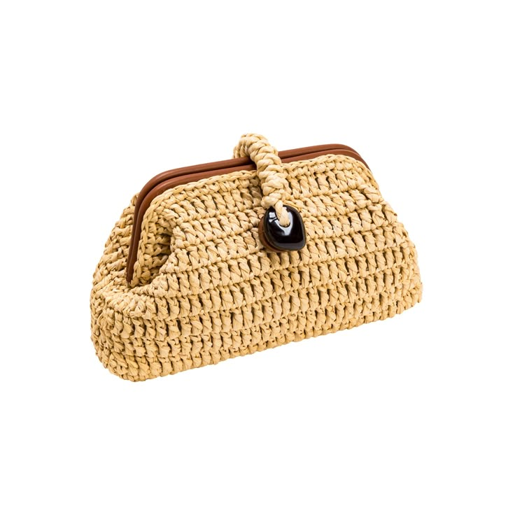 Versatile hand-weaved raffia interplays with supple tan leather, creating a seamless appearance of muted colors redefining summer sophistication. Large dollops of natural spiral stones call to mind nature's beauty with striking hues of understated elegance. Add a note of incredible style utilizing rustic, warm shades reminiscent of the sand and desert. Made in Italy Tuscan Summer, Raffia Clutch, Trending Handbags, Woven Raffia, Natural Tan, Mens Jewelry Bracelet, Women Accessories Bags, Muted Colors, The Sand