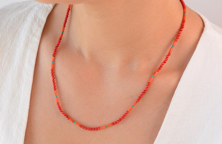 Red Beaded Necklace Boho Dainty Choker Layering Coral Colorful Mixed Stones  Delicately handcrafted. Stones: Red Coral, Orange Coral, Turquoise Material: 925 Silver Finishing: 18k Golden Plate  Length: 20 inch Great gift for loved ones. It is perfect for layering. Delicately handmade jewelry can be gift for any special occasions such as birthdays, Christmas, Mother's Day, Valentine Days, weddings, as gift for bride maids making it a unique gift for your loved ones. Or you can use them to pop up Red Beaded Necklaces With Tiny Beads As Gift, Red Beaded Necklaces With Heart Beads, Handmade Red Beaded Necklaces With Round Beads, Red Beaded Chain For Festivals, Red Heart Beads For Jewelry Making, Red Beaded Necklaces With Colorful Beads For Beach, Red Tiny Beads Necklace For Festival, Red Beaded Necklaces For Beach, Red Tiny Beaded Necklaces For Festival