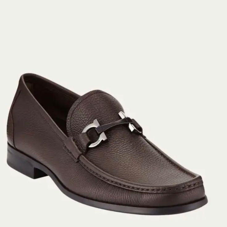 Salvatore Ferragamo Brown Calfskin Leather Gancini Loafers Size - 11.5 Retail - $850 Gently Used, Shoes Are In Excellent Condition! Mild Fading On Front And Back Piping As Shown In Pictures. Classic, Elegant Shoes Are Perfect For Both Casual And Formal Dressing. Gancini Loafer Is Gunmetal Color With “Ferragamo” Logo Etched. Please See All Photos For Details! Luxury Semi-formal Slip-on Moccasins, Luxury Calf Leather Loafers For Semi-formal Occasions, Luxury Leather Sole Moccasins For Business, Luxury Calf Leather Moccasins For Office, Luxury Business Moccasins With Leather Sole, Timeless Leather Moccasins For Formal Occasions, Luxury Calf Leather Moccasins For Business, Timeless Formal Leather Moccasins, Luxury Brown Moccasins For Formal Occasions