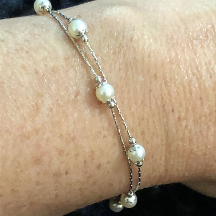 14k White Gold Double Strand Pearl Bracelet 7 1/2" - Like New This Is A Very Fun Bracelet With Great Shimmer And Shine, Can Be Worn Single Or Wear More Than One For A Bolder Look. This Listing Is For One Single Bracelet. At Time Of Listing We Have Two In Stock. ( With Certified Gsa Appraisal ) The Bracelet Has 4 Freshwater Pearls, 4.5mm , Bracelet Is Secured With A Lobster Clasp. We Do Offer Combined Shipping On Multiple Purchases. Thank You For Your Interest And Please Be Sure To See Our Other Listings For More Great Jewelry, Books And Collectibles. White Double Strand Jewelry For Anniversary, White Jubilee Bracelet For Formal Occasions, Formal White Jubilee Bracelet, Silver Pearl Bracelet For Anniversary, Fine Jewelry, Fine Jewelry Silver Pearl Bracelet For Anniversary, White Pearl Bracelet For Formal Occasions, White Pearl Bracelet For Formal Events, Dainty White Bracelets For Anniversary, Dainty White Bracelet For Anniversary