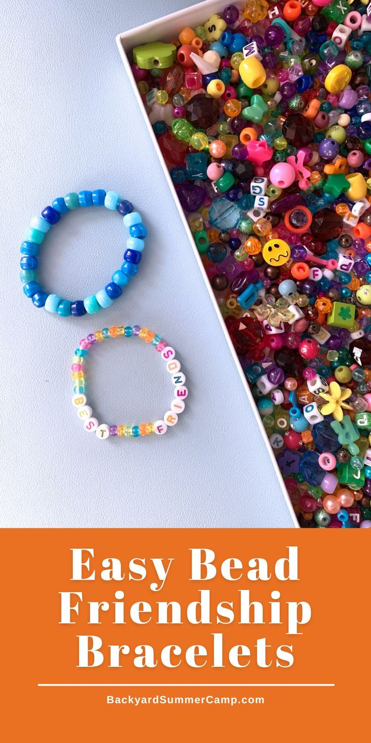 bead bracelets and beads on a table with the words easy bead friendship bracelets