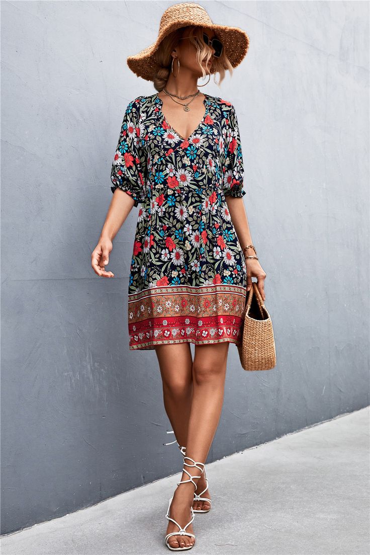 Women's Bohemian Dress V-Neck Floral Print Boho Beach Mini Dress Bohemian Floral Print Knee-length Sundress, Casual Boho Dress With Boho Print, Knee-length, Bohemian Knee-length Floral Sundress, Casual Knee-length Boho Dress With Boho Print, Casual Boho Dress With Knee-length Boho Print, Casual Knee-length Boho Print Dress, Multicolor Floral Print V-neck Dress For The Beach, Black Boho Print V-neck Dress, Bohemian Multicolor Floral Dress For Vacation