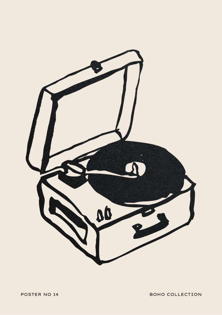 a black and white drawing of a suitcase with a record player in it's lid