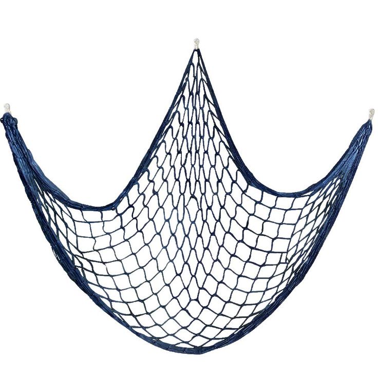 a blue netted hammock hanging from the side with two white pearls on it