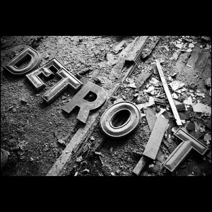 black and white photograph of the word detroit